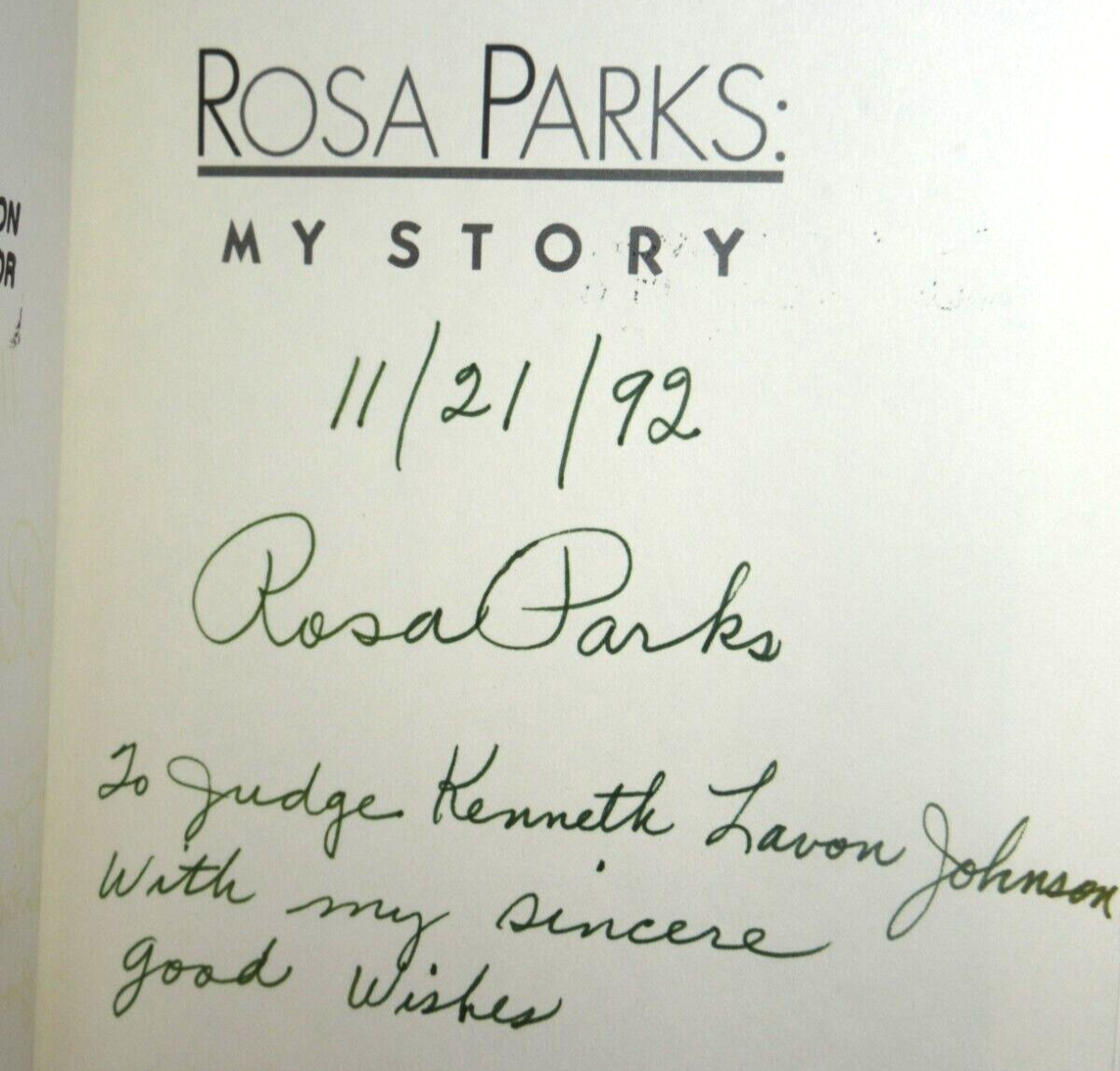 Rosa Parks signed book page to a judge