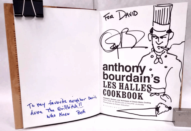 Les Halles cookbook signed by Anthony Bourdain with rare chef sketch