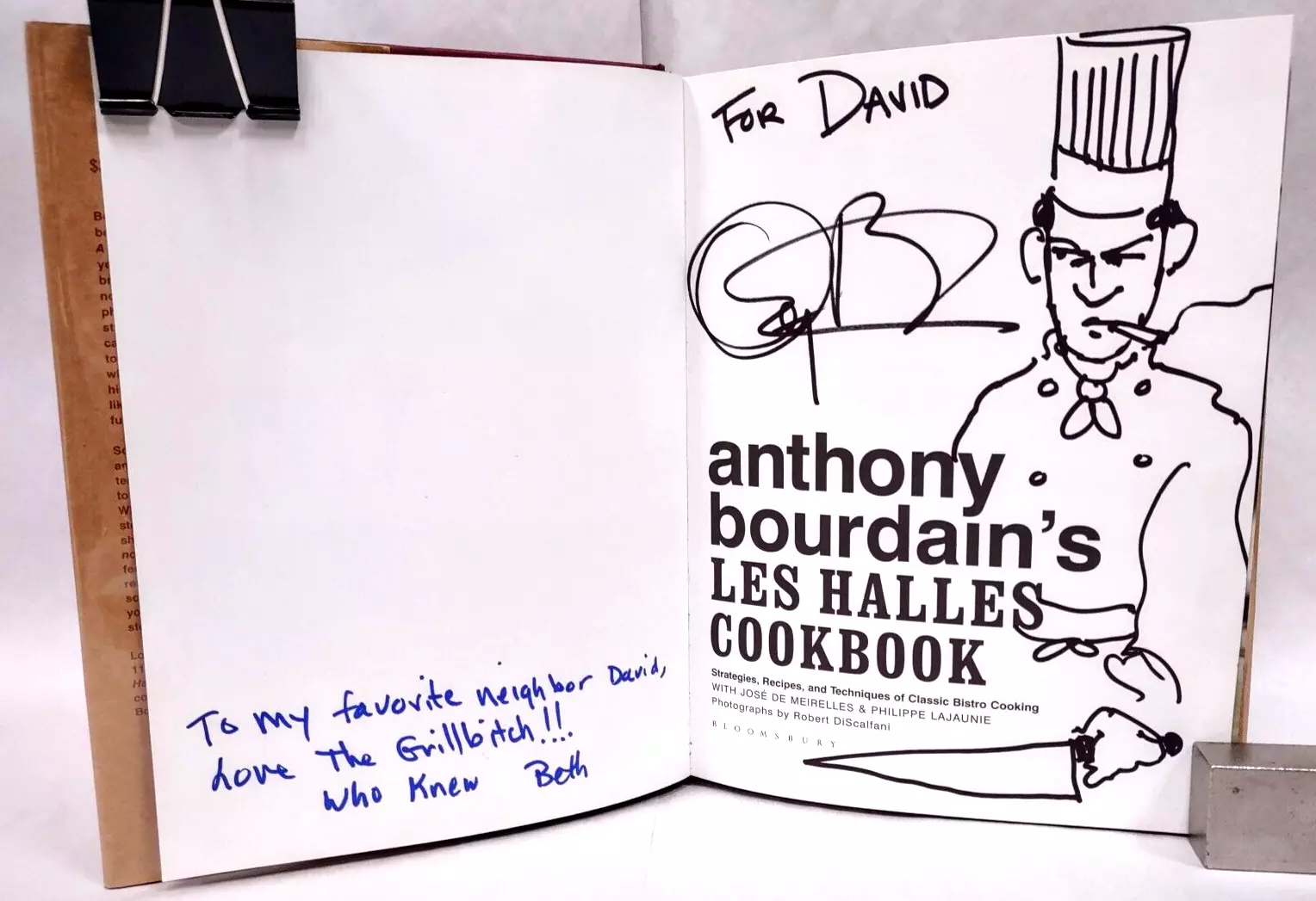 Les Halles cookbook signed by Anthony Bourdain with rare chef sketch
